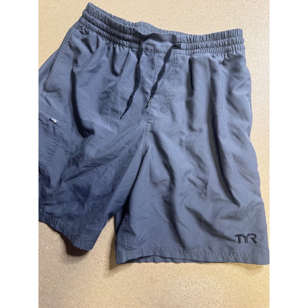 TYR Mens Lined Athletic Shorts Charcoal Gray Zipper Pocket Medium